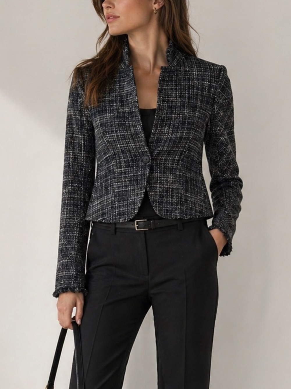 Theory 100% Wool Tweed Cropped Blazer – Tailored Minimalist Plaid Jacket